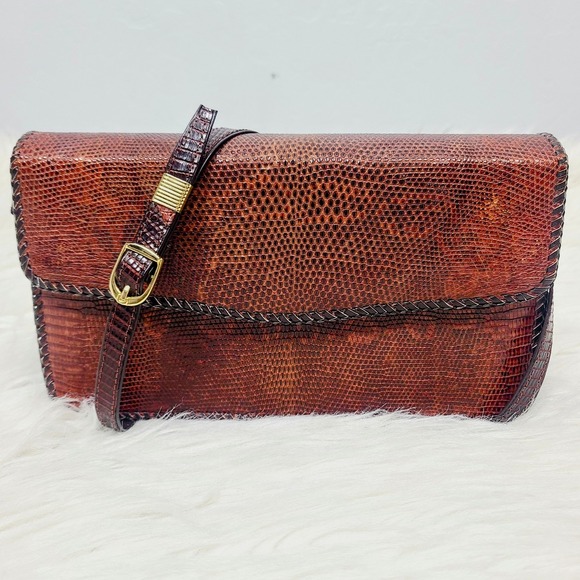 Vintage VT Viet Thanh Lizard Skin Crossbody Bag Brown Texture Whipstitch Artisan - Picture 1 of 11